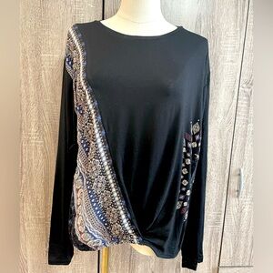 DESIGUAL Black Longsleeve Designer Top with Mandala Print. Size M